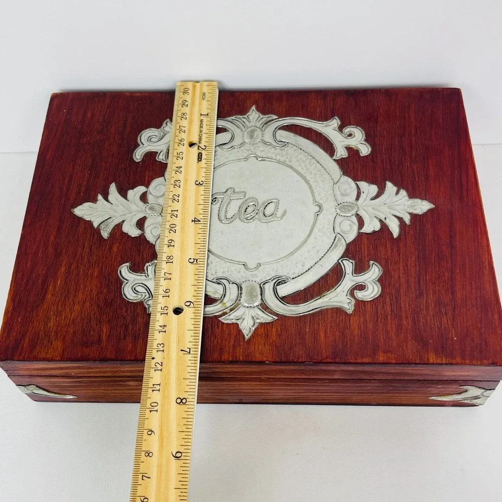 Vintage Wood Tea Storage Box Chest Brown Silver Embossed Metal Overlay Divided